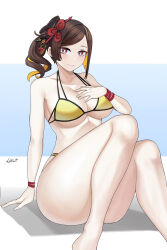 Rule 34 | 1girl, aori sora, bare arms, bare legs, bare shoulders, bikini, breasts, bright pupils, brown hair, chiori (genshin impact), colored inner hair, commentary, feet out of frame, genshin impact, hair ornament, hand on own chest, highres, large breasts, long hair, looking at viewer, multicolored hair, pink lips, ponytail, red eyes, shadow, sitting, smile, solo, stomach, swimsuit, thick thighs, thighs, white pupils, yellow bikini