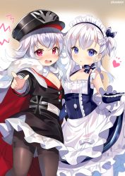 Rule 34 | 2girls, apron, azur lane, bare shoulders, belfast (azur lane), black headwear, black legwear, blue eyes, blush, braid, cape, cleavage cutout, clothes lift, clothing cutout, collarbone, cross, crossed bangs, dress, dress lift, elbow gloves, flat chest, french braid, frilled apron, frilled gloves, frills, fur-trimmed cape, fur trim, gloves, hair between eyes, hat, heart, iron cross, kurot, lifting own clothes, little bel (azur lane), long hair, long sleeves, looking at viewer, maid, maid apron, maid headdress, military hat, multiple girls, one side up, open mouth, pantyhose, peaked cap, pleated skirt, pointing, pointing at viewer, red eyes, side braid, silver hair, skirt, standing, thighband pantyhose, twitter username, very long hair, waist apron, white apron, white gloves, white legwear, white skirt, zeppy (azur lane)