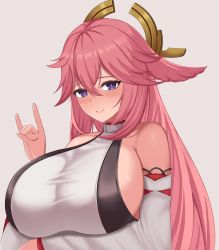 Rule 34 | 1girl, animal ears, arm under breasts, blush, breasts, closed mouth, detached sleeves, fox ears, fox shadow puppet, genshin impact, grey background, hair between eyes, hakusuifuta, headpiece, highres, huge breasts, long hair, looking at viewer, pink hair, purple eyes, shirt, simple background, sleeveless, sleeveless shirt, smile, solo, upper body, white shirt, white sleeves, yae miko