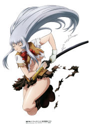 Rule 34 | 00s, 1girl, absurdres, black hair, blouse, breasts, brown skirt, chouun shiryuu, closed eyes, female focus, fighting stance, fingerless gloves, full body, gloves, grey hair, highres, holding, holding sword, holding weapon, ikkitousen, katana, large breasts, long hair, non-web source, official art, pleated skirt, ready to draw, school uniform, sheath, sheathed, shiny skin, shirt, simple background, skirt, solo, sword, torn clothes, torn shirt, torn skirt, underboob, uniform, unsheathed, weapon, white background, white gloves, white hair