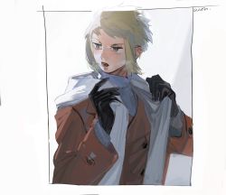 Rule 34 | 1boy, absurdres, black gloves, blonde hair, border, breath, coat, commentary request, creatures (company), game freak, gloves, grey eyes, hands up, highres, l 1753ucon, long sleeves, looking to the side, male focus, nintendo, open mouth, pokemon, pokemon dppt, scarf, short hair, signature, solo, sweater, teeth, upper body, volkner (pokemon), white border