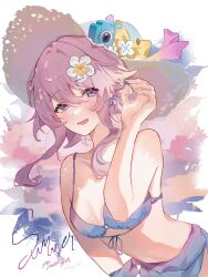 Rule 34 | 1girl, alternate costume, bikini, blush, breasts, camera, character name, collarbone, commentary, floating hair, flower, hair between eyes, hair flower, hair ornament, hashtag-only commentary, hat, highres, holding, holding flower, honkai: star rail, honkai (series), kbnimated, looking at viewer, march 7th (honkai: star rail), medium breasts, pink hair, purple bikini, purple eyes, purple sarong, sarong, short hair, short hair with long locks, sidelocks, smile, solo, sun hat, swimsuit, white flower, white hat