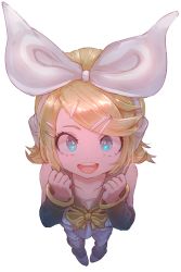 Rule 34 | 1girl, :d, blonde hair, blue eyes, boots, bow, bowtie, collarbone, detached sleeves, foreshortening, full body, hair bow, hair ornament, hairclip, hands up, highres, kagamine rin, looking at viewer, open mouth, rasetsu001, sailor collar, short hair, simple background, smile, solo, standing, swept bangs, vocaloid, white background, white bow