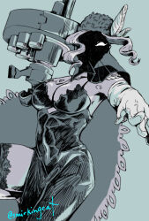 Rule 34 | 1girl, arm cannon, black dahlia, blue background, breasts, bridal garter, cape, cleavage, cyborg, dress, elbow gloves, fur hat, gloves, grenade launcher, hat, large breasts, looking at viewer, mask, outstretched arm, skullgirls, smirkingcat, solo, veil, weapon