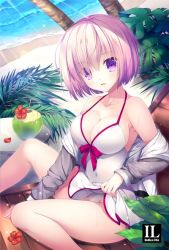 Rule 34 | 1girl, beach, beach chair, blush, breasts, clothes lift, collarbone, day, dress, dress lift, drink, drinking straw, fate/grand order, fate (series), flower, food, fruit, fruit cup, grey jacket, hair over one eye, jacket, jacket on shoulders, jacket over swimsuit, lifted by self, mash kyrielight, mash kyrielight (swimsuit of perpetual summer), medium breasts, melon, mitha, ocean, official alternate costume, outdoors, palm tree, panties, parted lips, pink hair, plant, purple eyes, sand, sitting, solo, sparkle, swimsuit, tree, underwear, water, white dress, white panties