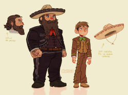 Rule 34 | 2boys, artist name, black jacket, black pants, bow, bowtie, braid, braided beard, brown jacket, brown pants, brown vest, chilchuck tims, clenched hands, dungeon meshi, dwarf, facial hair, green bow, green bowtie, hand hair, hat, highres, jacket, male focus, mexican clothes, multiple boys, pants, seagiri, senshi (dungeon meshi), sombrero, spanish text, standing, unworn headwear, vest