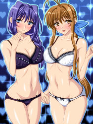 Rule 34 | 00s, 2girls, antenna hair, bad id, bad pixiv id, bare shoulders, blue eyes, blush, bow, bra, braid, breasts, brown eyes, brown hair, clannad, cleavage, company connection, crossover, furukawa sanae, hair intakes, hair over shoulder, heart, highres, holding hands, kanon, key (company), lace, lace-trimmed bra, lace-trimmed panties, lace trim, large breasts, long hair, mature female, midriff, minase akiko, multiple girls, navel, panties, ponytail, purple bra, purple hair, purple panties, sen (sansui), shiny skin, single braid, smile, sparkle, trait connection, underwear, underwear only, white bra, white panties