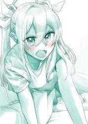 Rule 34 | 1girl, all fours, alternate costume, aqua theme, barefoot, blush, commentary, frown, hair between eyes, hair over shoulder, hair ribbon, highres, kantai collection, long hair, looking at viewer, monochrome, multiple monochrome, ribbon, shirt, short sleeves, solo, t-shirt, tone (kancolle), twintails, yami (m31)