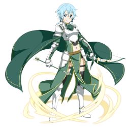 Rule 34 | 1girl, armor, armored boots, arrow (projectile), black legwear, black ribbon, black shorts, blue eyes, blue hair, boots, bow (weapon), breastplate, cape, closed mouth, faulds, full body, gauntlets, green cape, hair between eyes, hair ribbon, highres, holding, holding arrow, holding bow (weapon), holding weapon, knee boots, long sleeves, looking at viewer, midriff, navel, official art, pauldrons, ribbon, short hair, short shorts, shorts, shoulder armor, sidelocks, sinon, smile, solo, standing, stomach, sword art online, sword art online: alicization, thigh strap, transparent background, waist cape, weapon, white footwear