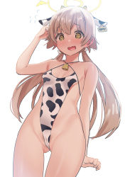 Rule 34 | 1girl, :d, @ @, animal ears, animal print, aumann, bell, blonde hair, blue archive, blush, breasts, cameltoe, cow ears, cow horns, cow print, ear tag, female pubic hair, flying sweatdrops, gluteal fold, hifumi (blue archive), highres, horns, looking at viewer, one-piece swimsuit, open mouth, pubic hair, pubic hair peek, simple background, small breasts, smile, solo, swimsuit, twintails, white background, yellow eyes