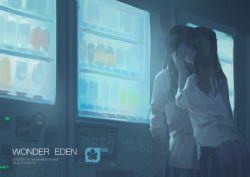 Rule 34 | 2girls, blue skirt, blue theme, english text, closed eyes, face-to-face, glowing, hands on another&#039;s cheeks, hands on another&#039;s face, hjl, kiss, long hair, long sleeves, multiple girls, original, shirt, sketch, skirt, sleeves rolled up, text focus, vending machine, white shirt, yuri