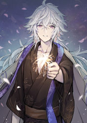 Rule 34 | 1boy, arm up, cowboy shot, fate/grand order, fate (series), fireworks, japanese clothes, kimono, long hair, looking at viewer, male focus, merlin (fate), petals, purple eyes, rio.lw, sparkler, standing, white hair