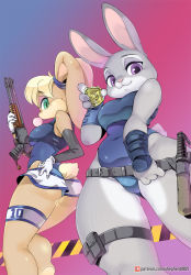 Rule 34 | 2girls, :3, animal ears, ass, baton (weapon), belt, blonde hair, blowing bubbles, blue leotard, breasts, bulletproof vest, charm (object), chewing gum, commentary, crossover, curvy, elbow gloves, english commentary, from below, furry, furry female, gloves, gun, hairband, highleg, highleg leotard, highres, holding, holding gun, holding weapon, judy hopps, leotard, lola bunny, looking at viewer, looney tunes, multiple girls, one-piece swimsuit, police badge, pouch, rabbit ears, rabbit girl, rabbit nose, rabbit tail, shepherd0821, short shorts, shorts, shotgun, space jam, swimsuit, symbol-only commentary, tactical clothes, tail, thigh pouch, thigh strap, thong leotard, trait connection, weapon, white gloves, zootopia