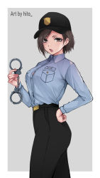 Rule 34 | 1girl, absurdres, artist name, baseball cap, belt, black belt, black hat, black pants, blue shirt, blush, breasts, brown eyes, brown hair, character name, commentary, cuffs, hand on own hip, handcuffs, hat, highres, hitozche, holding, holding handcuffs, large breasts, long sleeves, name tag, open mouth, original, pants, police, police uniform, policewoman, shirt, short hair, solo, uniform, watermark