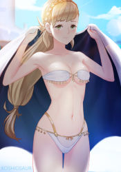Rule 34 | 1girl, armpits, artist name, bad id, bad pixiv id, bare arms, bare legs, bare shoulders, bikini, blonde hair, blue sky, blush, braid, breasts, cleavage, closed mouth, cloud, collarbone, crown braid, day, eyebrows hidden by hair, fire emblem, fire emblem heroes, green eyes, koshio, long hair, looking at viewer, low-tied long hair, medium breasts, midriff, navel, neck, nintendo, outdoors, sharena (fire emblem), sky, smile, solo, standing, strapless, strapless bikini, swimsuit, underboob, white bikini