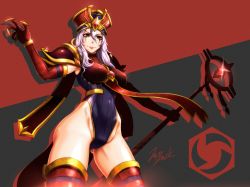Rule 34 | 1girl, armor, black background, boobplate, boots, breastplate, breasts, cape, claw (weapon), cowboy shot, cross, cross necklace, elbow gloves, facial mark, gem, gloves, grin, hat, heroes of the storm, highleg, highleg leotard, highres, holding, holding staff, jazz jack, jewelry, leotard, long hair, makeup, necklace, parted lips, pauldrons, pelvic curtain, red background, red eyes, sally whitemane, shoulder armor, signature, smile, solo, staff, tabard, thick thighs, thigh boots, thighhighs, thighs, two-tone background, warcraft, weapon, white hair