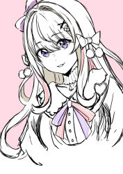 Rule 34 | 10miyamoto, 1girl, bow, eyes visible through hair, hair bow, hair intakes, hair ornament, hairclip, highres, indie virtual youtuber, long hair, looking at viewer, monochrome, parted lips, pink background, pom pom (clothes), purple hair, ribbon, simple background, sketch, smile, solo, spot color, upper body, virtual youtuber, watagashi unou