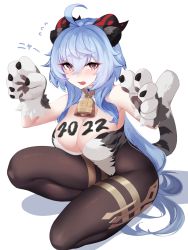 Rule 34 | 1girl, 2022, animal ears, animal hands, bare shoulders, bell, black pantyhose, blue hair, body writing, breasts, chinese zodiac, cleavage, commentary request, dev (dev0614), flying sweatdrops, full body, ganyu (genshin impact), genshin impact, gloves, goat horns, hands up, highleg, highleg leotard, horns, large breasts, leotard, long hair, looking at viewer, neck bell, open mouth, pantyhose, paw gloves, print leotard, simple background, solo, squatting, strapless, strapless leotard, tail, tiger ears, tiger paws, tiger tail, very long hair, white background, white tiger print, year of the tiger, yellow eyes
