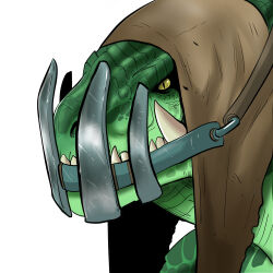 Rule 34 | black sclera, brown hood, close-up, closed mouth, colored sclera, furry, gegegekman, green scales, hood, lizardman, muzzle, nostrils, original, scales, sharp teeth, slit pupils, solo, teeth, tusks, white background