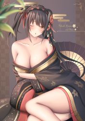 Rule 34 | 1girl, absurdres, alternate costume, bare shoulders, black hair, black umbrella, breasts, character name, cleavage, d.j (dwcg2854), date a live, dated, highres, japanese clothes, kimono, large breasts, long hair, oil-paper umbrella, oiran, one eye closed, simple background, solo, thighs, tokisaki kurumi, umbrella, yellow eyes