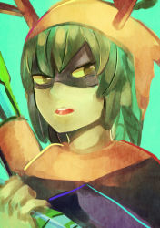 Rule 34 | 1girl, adventure time, antlers, arrow (projectile), bow (weapon), cape, colored skin, domino mask, dryad, green eyes, green hair, green skin, horns, huntress wizard, leaf, looking at viewer, mask, monster girl, plant girl, quiver, solo, weapon
