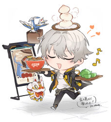 Rule 34 | 1boy, arms up, artist name, bird, black coat, black footwear, black gloves, black pants, blue feathers, blush, boots, bowl, box, caelus (honkai: star rail), chibi, closed eyes, coat, cup, dumpling, feathered wings, feathers, fingerless gloves, flying, food, full body, gloves, grey hair, hair between eyes, holding, holding tray, honkai: star rail, honkai (series), hood, hooded coat, jiaozi, kettle, leg up, musical note, noodles, open clothes, open coat, open mouth, pants, shadow, shirt, short hair, simple background, smile, standing, standing on one leg, steam, str atralt, t-shirt, trailblazer (honkai: star rail), tray, two-sided coat, two-sided fabric, white background, white shirt, wings, yellow coat