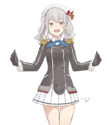 Rule 34 | 10s, 1girl, :d, anchor, artist name, beret, black gloves, buttons, cowboy shot, dated, double-breasted, epaulettes, frilled sleeves, frills, gloves, grey eyes, grey hair, hat, jacket, kantai collection, kashima (kancolle), kawashina (momen silicon), kerchief, long hair, long sleeves, looking at viewer, miniskirt, open mouth, plaid, plaid skirt, round teeth, simple background, skirt, smile, solo, standing, teeth, twintails, white background, white skirt, wing collar