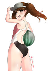 Rule 34 | 10s, 1girl, :d, arm up, ass, back, brown eyes, brown hair, competition swimsuit, fang, flat ass, flat chest, food, fruit, hand on headwear, hassen (8cm), hat, holding, kantai collection, long hair, looking at viewer, looking back, one-piece swimsuit, open mouth, ryuujou (kancolle), simple background, smile, solo, standing, swimsuit, twintails, twitter username, visor cap, watermelon, white background