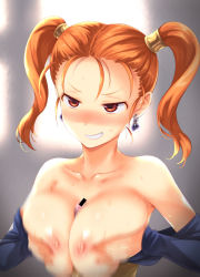 Rule 34 | 1girl, breast hold, breasts, breasts out, censored, dragon quest, dragon quest viii, earrings, fuyube rion, highres, jessica albert, jewelry, motion blur, nipples, open mouth, orange hair, paizuri, penis, smug, twintails