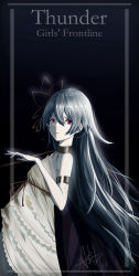 Rule 34 | 1girl, asil, black background, blue hair, cloak, copyright name, dated, dress, from side, girls&#039; frontline, hair between eyes, highres, long hair, looking at viewer, official alternate costume, red eyes, solo, tagme, texture, thunder (girls&#039; frontline), thunder (lenore&#039;s raven) (girls&#039; frontline), very long hair, white dress