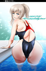 Rule 34 | 1girl, absurdres, arm support, ass, back cutout, black one-piece swimsuit, blue eyes, character name, closed mouth, clothing cutout, commentary, competition swimsuit, dated, from behind, girls und panzer, hair up, highleg, highleg swimsuit, highres, itsumi erika, leaning forward, looking at viewer, looking back, medium hair, one-hour drawing challenge, one-piece swimsuit, pool, short ponytail, sidelocks, silver hair, skindentation, smile, solo, sparkle, standing, swimsuit, tomokoji, twitter username, wading