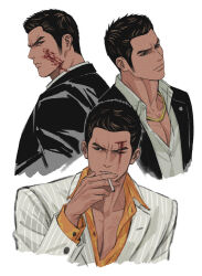 Rule 34 | 1boy, black eyes, black hair, blood, blood on face, chain, cigarette, formal, genandnak, gold chain, holding, holding cigarette, kiryu kazuma, male focus, multiple views, one eye closed, pectoral cleavage, pectorals, ryuu ga gotoku (series), ryuu ga gotoku 0, short hair, sideburns, solo focus, suit, white background