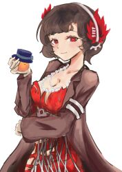 Rule 34 | 1girl, blue hat, breasts, brown coat, brown hair, cleavage, closed mouth, coat, commentary, dress, english commentary, food, fruit, hat, headdress, highres, holding orange, light smile, long sleeves, looking at viewer, medium breasts, mini hat, niwewe, open clothes, open coat, orange (fruit), red dress, red eyes, reverse:1999, schneider (reverse:1999), short hair, solo, strapless, strapless dress, top hat, upper body, white background