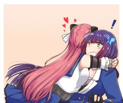 Rule 34 | !, 2girls, arms around neck, assault lily, back bow, black gloves, blue bow, blue jacket, blue sailor collar, blue skirt, blush, border, bow, breasts, butterfly hair ornament, closed mouth, commentary, detached sleeves, epaulettes, facing away, frilled skirt, frills, funada kiito, gloves, green eyes, grey shirt, hair ornament, hairpods, halftone, halftone background, hand up, hands up, heads together, heart, hug, jacket, layered sleeves, long hair, long sleeves, looking ahead, medium breasts, mole, mole under eye, multiple girls, nigari (ngari 0115), odaiba girls high school uniform, orange background, partially fingerless gloves, purple hair, red hair, sailor collar, school uniform, serafuku, shiba tomoshibi, shirt, skirt, sleeveless, sleeveless shirt, sweatdrop, undershirt, upper body, v-shaped eyebrows, very long hair, wavy mouth, white border, white shirt, wide-eyed, yuri