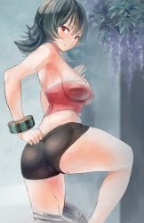 Rule 34 | 00s, 1girl, ass, bare arms, bare shoulders, bike shorts, black hair, bracelet, butt crack, clothes pull, creatures (company), crop top, game freak, gym leader, jewelry, kazo (kazozakazo), looking at viewer, nintendo, pants, pants pull, pokemon, pokemon hgss, red eyes, sabrina (pokemon), solo, sweat, undressing