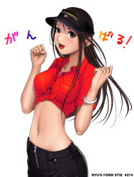 Rule 34 | 1girl, breasts, brown eyes, brown hair, front-tie top, hat, long hair, midriff, open mouth, original, ryu (ryu&#039;s form site), shirt, smile, solo, visor, visor cap, zipper