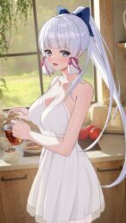 Rule 34 | 1girl, absurdres, apple, ayaka (genshin impact), blue eyes, bow, breasts, commentary request, counter, cup, dress, food, fruit, genshin impact, hair bow, hair ribbon, high ponytail, highres, holding, holding teapot, indoors, jumonji, kitchen, large breasts, long hair, mole, mole under eye, plate, pouring, ribbon, sidelocks, solo, tea, teacup, teapot, tress ribbon, very long hair, white dress, white hair, window
