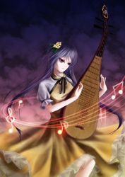 Rule 34 | 1girl, absurdres, beamed quavers, biwa lute, double dealing character, dress, flower, hair flower, hair ornament, highres, hiyanagi, instrument, light purple hair, long hair, lute (instrument), music, musical note, playing instrument, purple eyes, quaver, sharp sign, shirt, solo, staff (music), touhou, treble clef, tsukumo benben, twintails, very long hair, white shirt, yellow dress