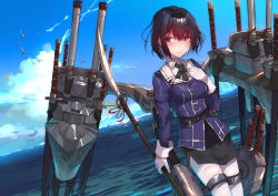 Rule 34 | 1girl, belt, bird, black eyes, black hair, black skirt, blush, closed mouth, collared shirt, day, eyes visible through hair, full body, gloves, haguro (kancolle), hair ornament, hand on own chest, high heels, holding, holding weapon, kantai collection, katana, leaning forward, long sleeves, machinery, military, military uniform, naginata, ocean, pantyhose, pencil skirt, polearm, puffy long sleeves, puffy sleeves, red ribbon, ribbon, sheath, sheathed, shirt, short hair, skirt, sky, smile, solo, standing, standing on liquid, sword, tears, thigh strap, thighband pantyhose, thighhighs, turret, uniform, weapon, white gloves, white pantyhose, yueqin (monnpiano)