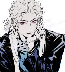 Rule 34 | 1boy, absurdres, aohitsugi samatoki, argentum 1121, black jacket, cigarette, closed mouth, facing viewer, half updo, head rest, highres, holding, holding cigarette, hypnosis mic, jacket, long sleeves, looking to the side, male focus, ponytail, red eyes, short hair, sketch, solo, white background, white hair