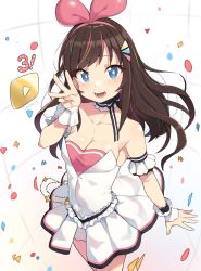 Rule 34 | 1girl, :d, absurdres, arm garter, bad id, bad twitter id, bare shoulders, blue eyes, breasts, brown hair, choker, cleavage, cloba, collarbone, commentary request, cowboy shot, dress, frilled choker, frills, hair ornament, hairband, highres, inactive account, kizuna ai, kizuna ai (anniversary), kizuna ai inc., long hair, looking at viewer, medium breasts, multicolored hair, open mouth, play button, signature, smile, solo, standing, streaked hair, virtual youtuber, w, white dress, youtube creator award