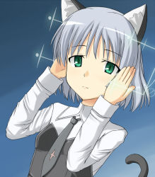 Rule 34 | 00s, 1girl, animal ears, bad id, bad pixiv id, blue background, cat ears, cat tail, green eyes, hirschgeweih antennas, necktie, rinyan suzu, sanya v. litvyak, short hair, silver hair, simple background, solo, strike witches, tail, world witches series