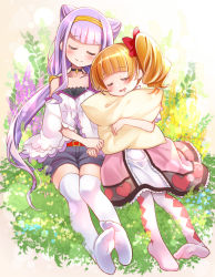 Rule 34 | aisaki emiru, bow, closed eyes, closed mouth, commentary request, dress, drooling, hairband, holding hands, hugging object, hugtto! precure, kawanobe, open mouth, orange hair, pillow, pillow hug, precure, purple dress, purple hair, purple legwear, red bow, red dress, red legwear, ruru amour, short twintails, sleeping, sleeping on person, sleeping upright, soles, twintails, yellow hairband