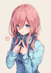 Rule 34 | 1girl, :t, anger vein, bison cangshu, blue cardigan, blue eyes, blush, breasts, brown background, buttons, cardigan, go-toubun no hanayome, hair between eyes, hands up, headphones, headphones around neck, highres, long hair, long sleeves, looking at viewer, nakano miku, pink hair, pout, simple background, sleeves past wrists, solo, spoken anger vein, upper body, v-shaped eyebrows