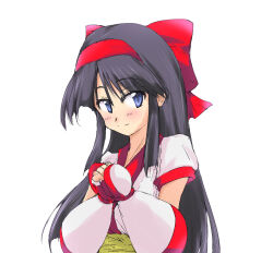 Rule 34 | 1girl, ainu clothes, black hair, blue eyes, breasts, hair ribbon, highres, long hair, looking at viewer, medium breasts, nakoruru, oekaki, own hands together, ribbon, samurai spirits, smile, snk, solo, the king of fighters