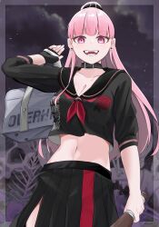 Rule 34 | 1girl, absurdres, bag, baseball bat, black gloves, black serafuku, black shirt, blunt bangs, breasts, commentary, crop top, cropped shirt, delinquent, earrings, english commentary, evil smile, fangs, fingerless gloves, gloves, highres, holding, holding baseball bat, hololive, hololive english, jewelry, kanadeho, long hair, long skirt, looking at viewer, medium breasts, midriff, mori calliope, navel, open mouth, overkill (mori calliope), pink eyes, pink hair, pleated skirt, school bag, school uniform, serafuku, shirt, side slit, skirt, smile, solo, straight hair, stud earrings, sukeban, virtual youtuber