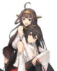 Rule 34 | 10s, 2girls, ahoge, bad id, bad pixiv id, bare shoulders, black hair, black legwear, black skirt, brown eyes, brown hair, commentary request, detached sleeves, double bun, eyebrows, ghound, grey eyes, hair between eyes, haruna (kancolle), headgear, hug, kantai collection, kongou (kancolle), long hair, looking at another, looking at viewer, multiple girls, nontraditional miko, red skirt, remodel (kantai collection), simple background, sitting, skirt, smile, thighhighs, white background