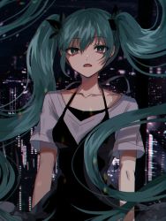 Rule 34 | 1girl, bad id, bad pixiv id, black dress, black ribbon, breasts, cityscape, collarbone, commentary request, danjou sora, dress, green eyes, green hair, hair between eyes, hair ribbon, hatsune miku, highres, long hair, looking at viewer, open mouth, ribbon, shirt, short sleeves, sidelocks, sleeveless, sleeveless dress, small breasts, solo, twintails, very long hair, vocaloid, white shirt