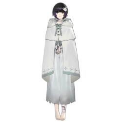 Rule 34 | 1girl, bandaged ankle, bandaged arm, bandaged hand, bandaged neck, bandages, barefoot, black hair, blood, bloody bandages, brown eyes, cloak, closed mouth, colored tips, dress, expressionless, feet, flower, full body, girls&#039; frontline, hair flower, hair ornament, looking at viewer, machlian (girls&#039; frontline), multicolored hair, official art, own hands together, purple hair, short hair, simple background, solo, straight-on, toes, torn clothes, torn dress, transparent background, white cloak, white dress