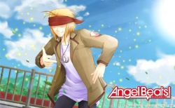 Rule 34 | 1boy, angel beats!, bad id, bad pixiv id, black legwear, blindfold, blonde hair, blue sky, cloud, cloudy sky, cuffs, handcuffs, happy, headband, jacket, jewelry, key (company), falling leaves, long sleeves, male focus, mountainous horizon, necklace, open mouth, pants, pointing, pointing at viewer, pollen, railing, shabello, shirt, short hair, sky, smile, solo, sunlight, t-shirt, tk (angel beats!), white shirt